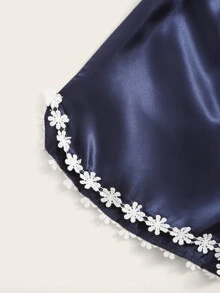 Floral Crochet Trim Satin Cami PJ Set - Navy Blue - View 5