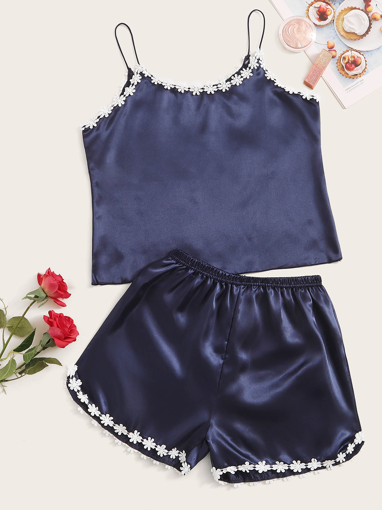 Floral Crochet Trim Satin Cami PJ Set - Navy Blue - View 1