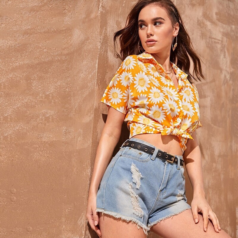 

Sunflower Print Button Front Blouse, Multicolor