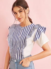 Striped Contrast Ruffle Trim Shirt