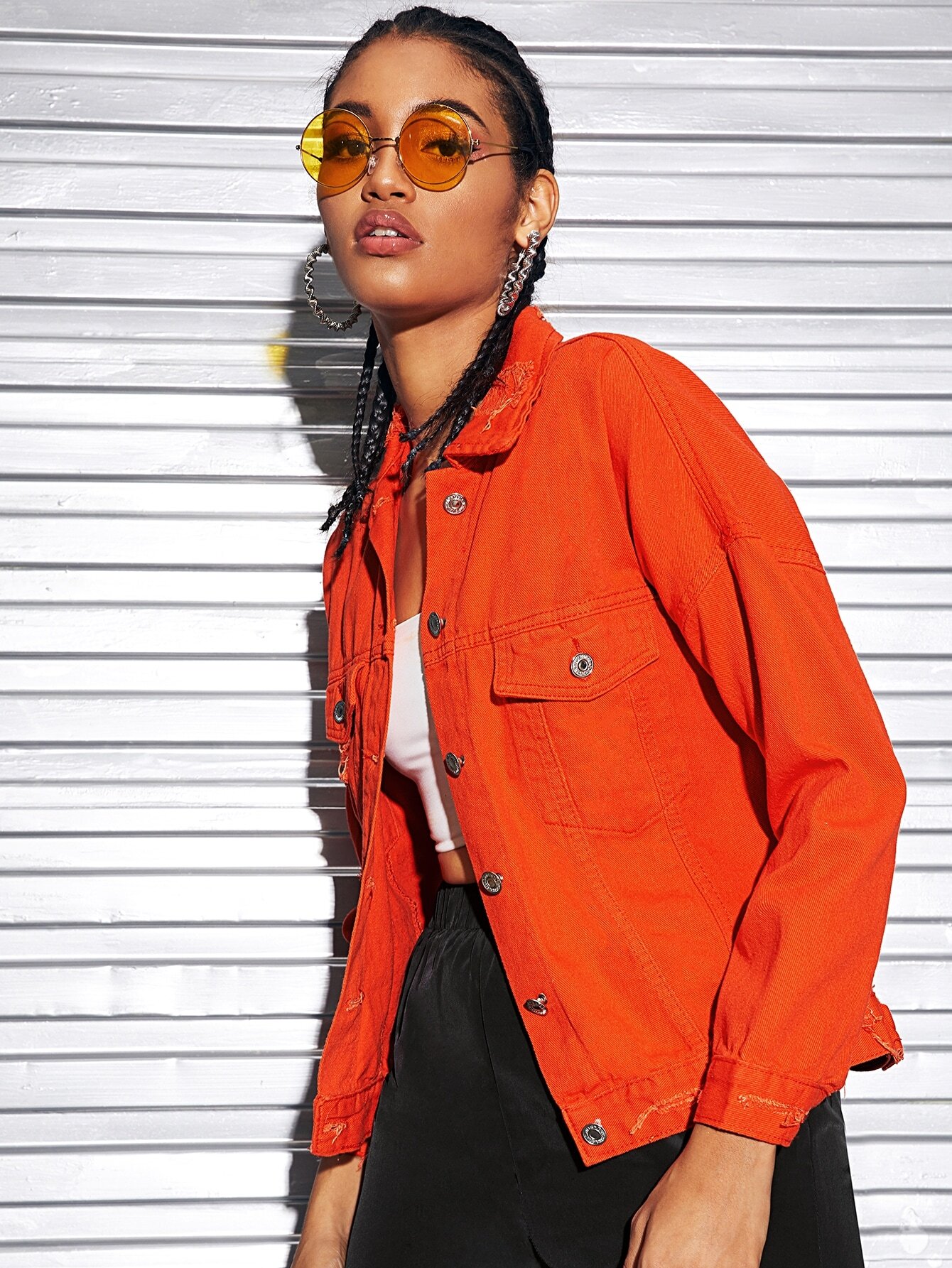 orange denim jacket outfit