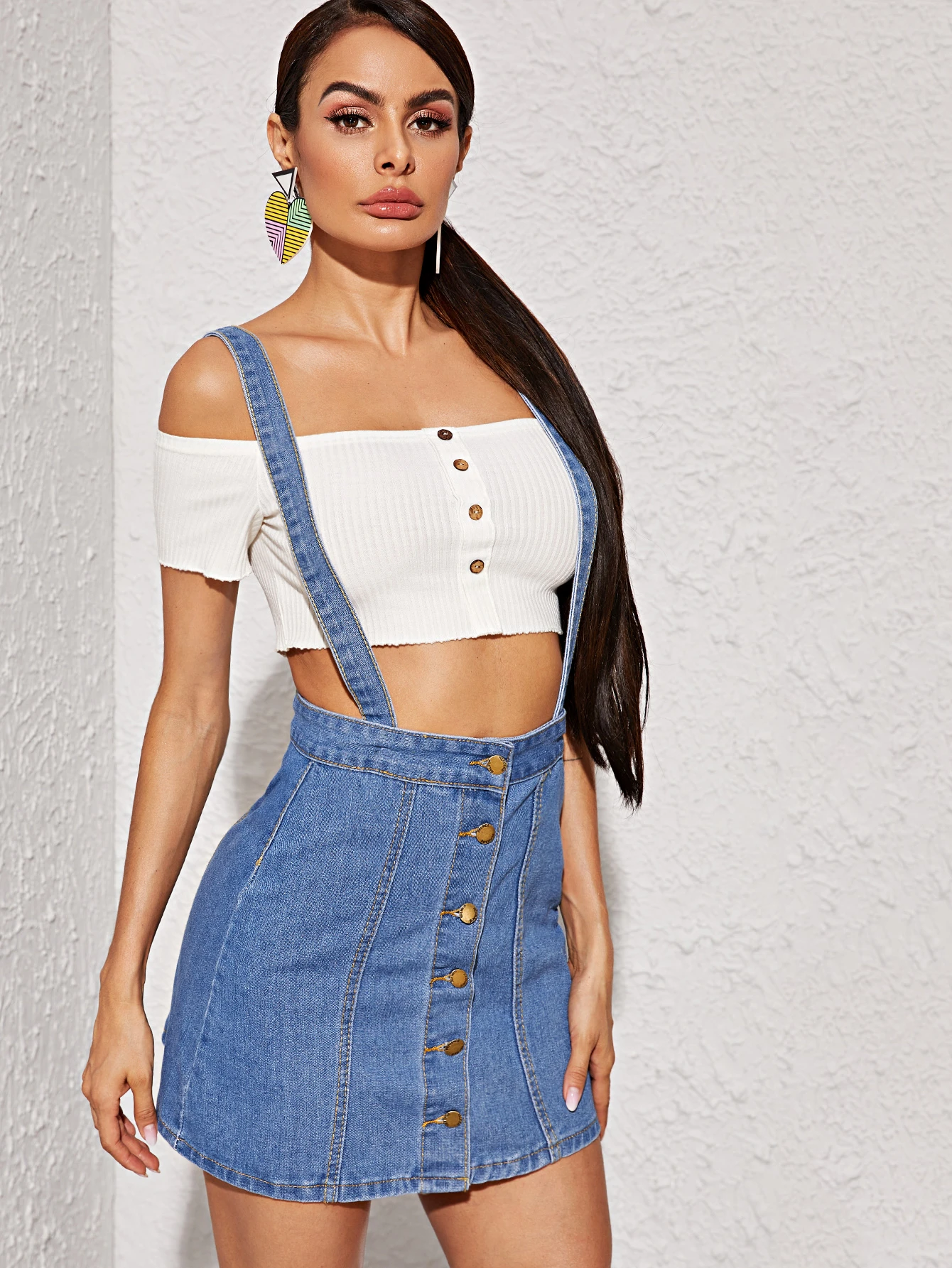 Button Front Criss-cross Dungaree Skirt 