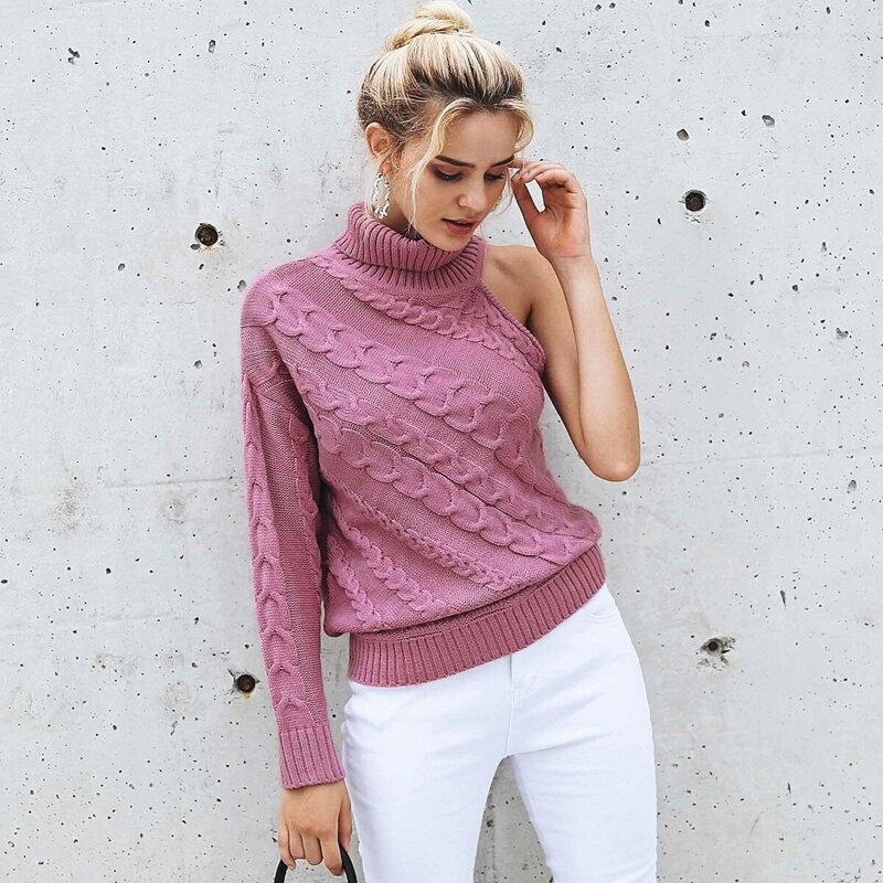 

Simplee One Shoulder High Neck Cable Knit Sweater, Pink