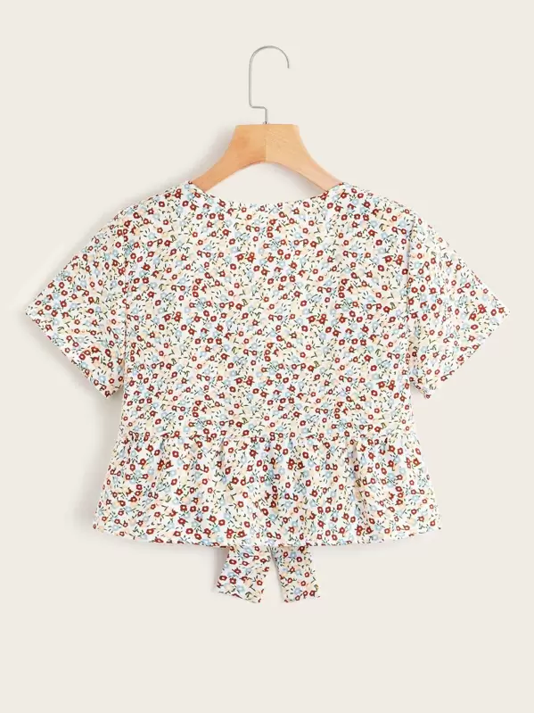 Camisa peplum con cordón delantero floral de margarita | ROMWE Camisa peplum con cordón delantero floral de margarita
