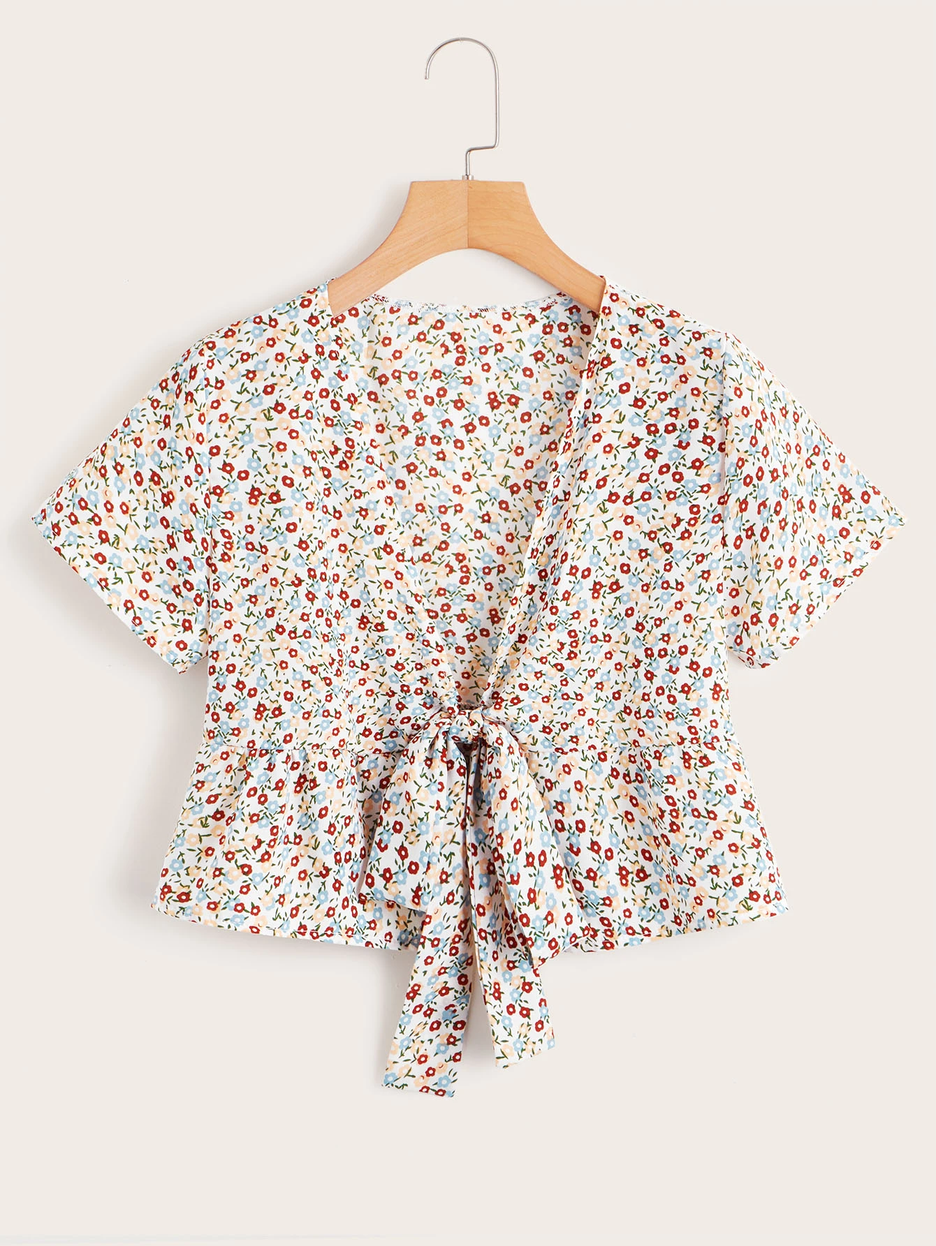 Camisa peplum con cordón delantero floral de margarita | ROMWE Camisa peplum con cordón delantero floral de margarita