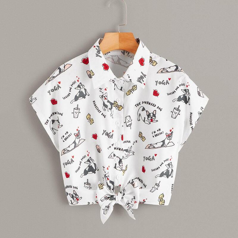 

Random Cartoon Dog & Letter Print Knot Hem Blouse, White