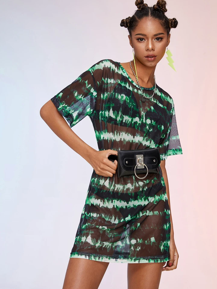 sheer tie dye dress Summer Sheer Watercolor Tie Dye 3D Pleated Graceful Silhouette Boat Neck Sleeveless Fitted Mermaid Dress for Women