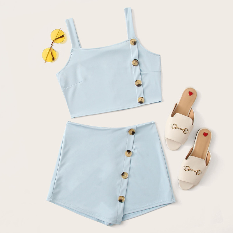 

Button Front Zip Back Cami Top & Wrap Skort, Blue