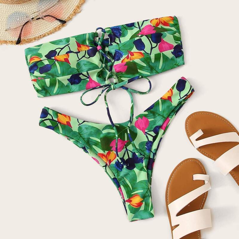 

Tropical Lace Up Bandeau Bikini Set, Multicolor