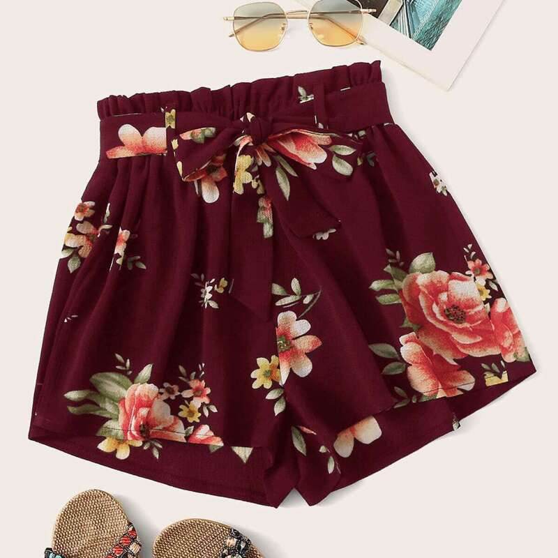 Floral Print Self Tie Paperbag Shorts, Burgundy