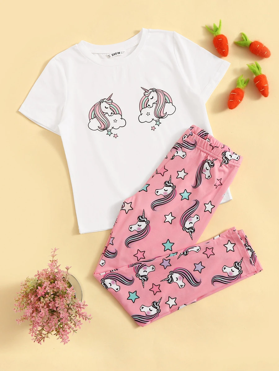 SHEIN Leap Crew Girls Unicorn Print Top & Trousers PJ Set - Multicolor - View 1