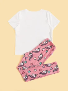 SHEIN Leap Crew Girls Unicorn Print Top & Trousers PJ Set - Multicolor - View 2