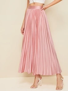 SHEIN Zipper Side Pleated Satin Skirt - Dusty Pink - View 3