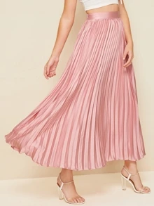 SHEIN Zipper Side Pleated Satin Skirt - Dusty Pink - View 1
