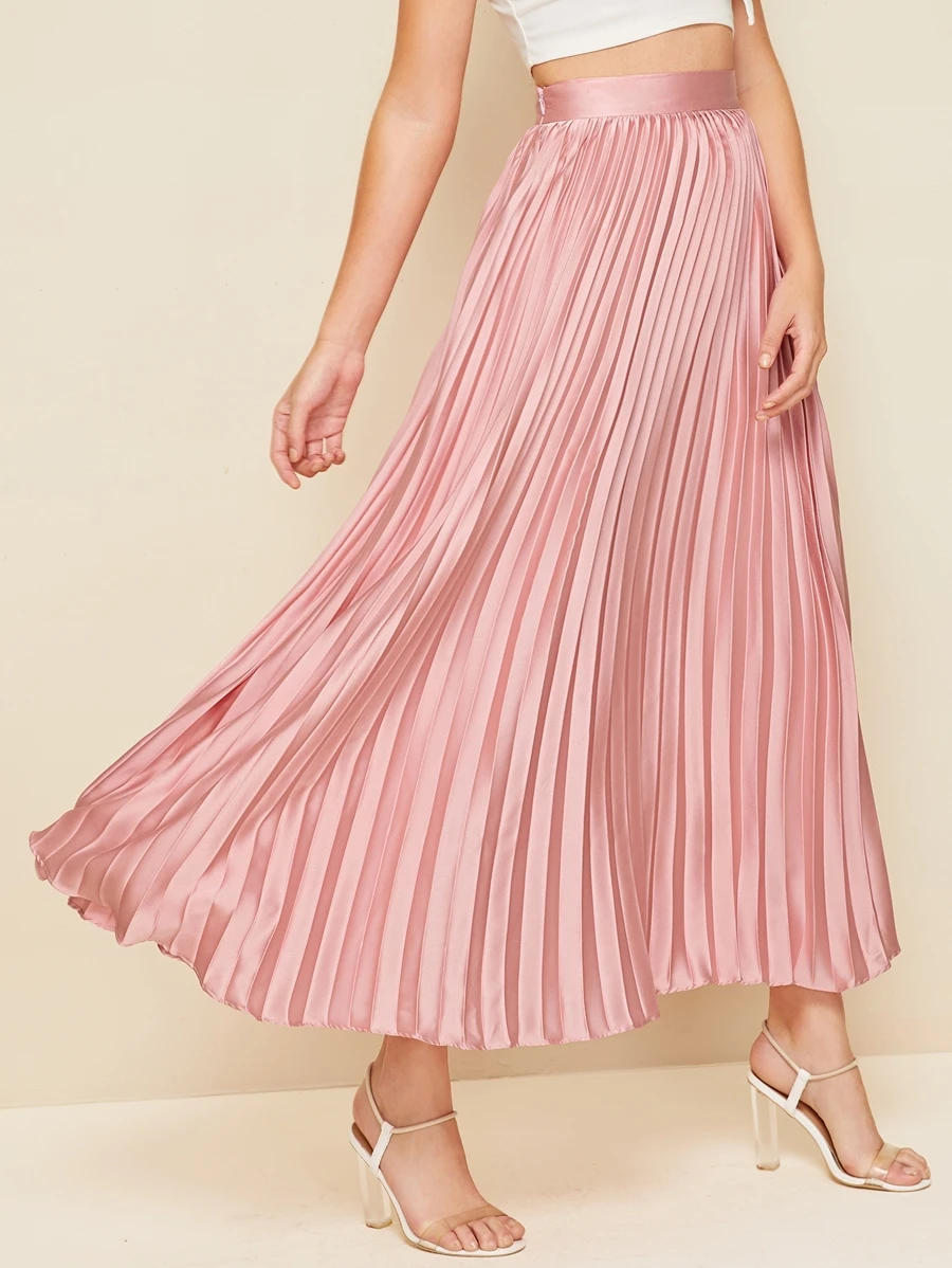 SHEIN Zipper Side Pleated Satin Skirt - Dusty Pink - View 1