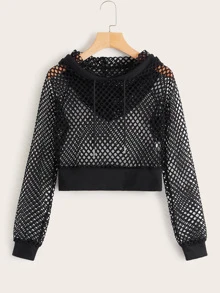 Fishnet Drawstring Hooded Sweatshirt - Black - View 1