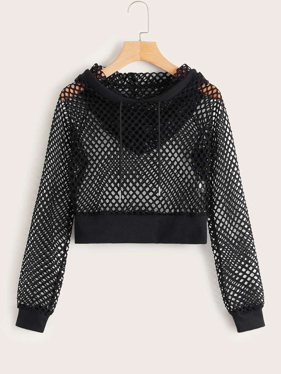 Fishnet Drawstring Hooded Sweatshirt - Black - View 1