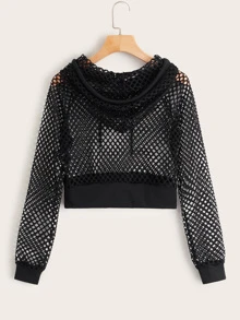 Fishnet Drawstring Hooded Sweatshirt - Black - View 2