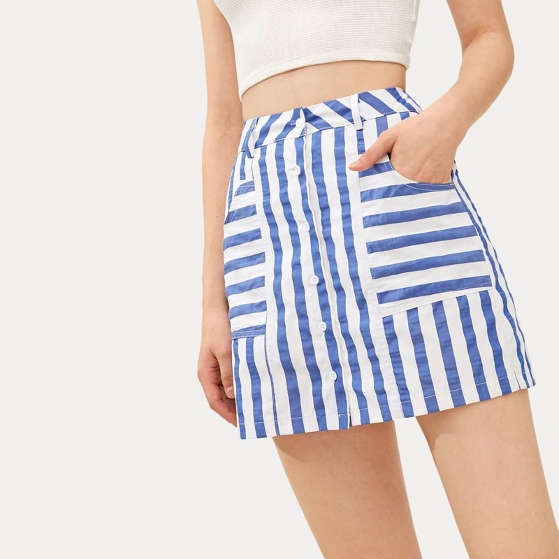 

Striped Print Button Front Skirt, Blue