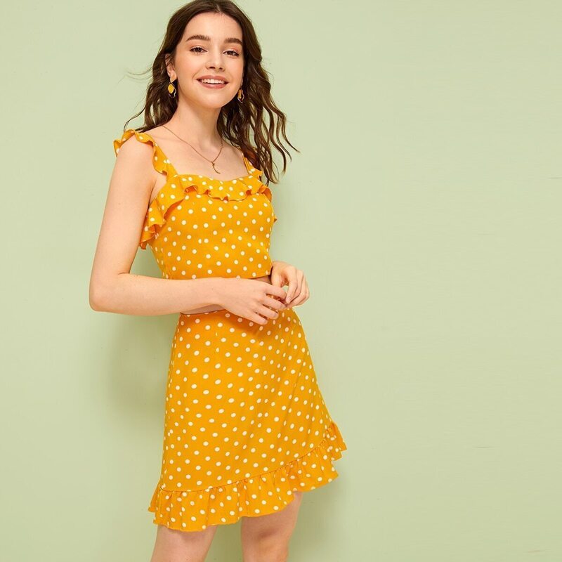 

Polka Dot Print Ruffle Trim Cami Top With Skirt, Yellow