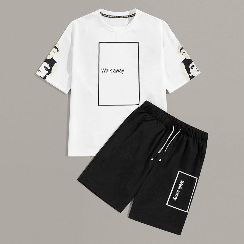 

Guys Letter And Figure Print Tee With Drawstring Waist Shorts, Black and white