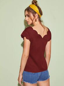 SHEIN Clasi Double V-Neck Scallop Trim Top - Maroon - View 2