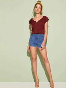 SHEIN Clasi Double V-Neck Scallop Trim Top - Maroon - View 3