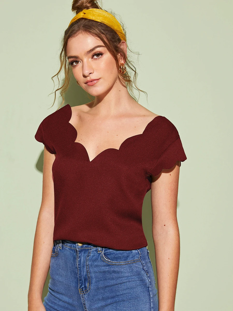 SHEIN Clasi Double V-Neck Scallop Trim Top - Maroon - View 1