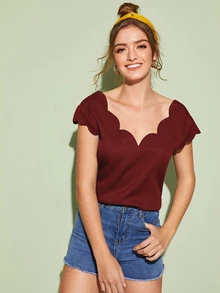 SHEIN Clasi Double V-Neck Scallop Trim Top - Maroon - View 5