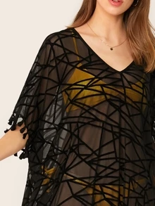 SHEIN Tassel Trim Split Side Boxy Geo Mesh Cover Up Dress, For Summer Beach Vacation - Black - View 4