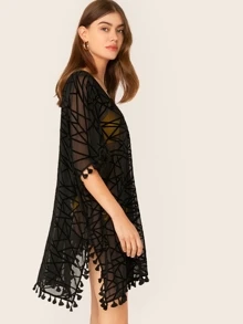 SHEIN Tassel Trim Split Side Boxy Geo Mesh Cover Up Dress, For Summer Beach Vacation - Black - View 3