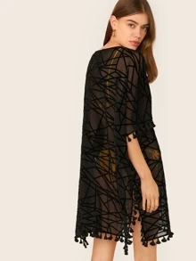 SHEIN Tassel Trim Split Side Boxy Geo Mesh Cover Up Dress, For Summer Beach Vacation - Black - View 2