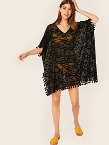 SHEIN Tassel Trim Split Side Boxy Geo Mesh Cover Up Dress, For Summer Beach Vacation - Black - View 5