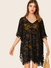 SHEIN Tassel Trim Split Side Boxy Geo Mesh Cover Up Dress, For Summer Beach Vacation - Black - View 1