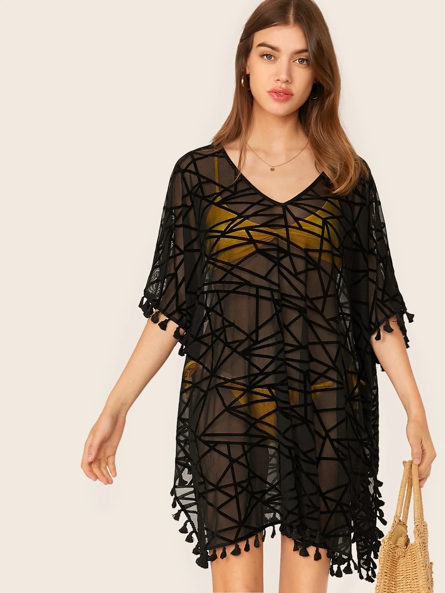 SHEIN Tassel Trim Split Side Boxy Geo Mesh Cover Up Dress, For Summer Beach Vacation - Black - View 1