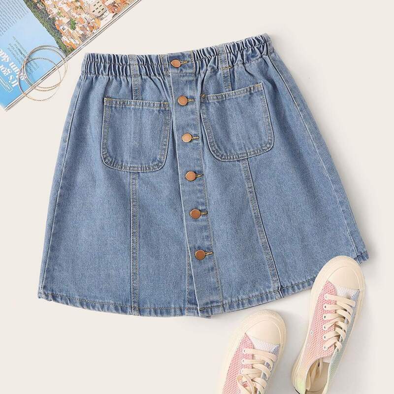 

Button Front Dual Pocket Denim Skirt, Blue