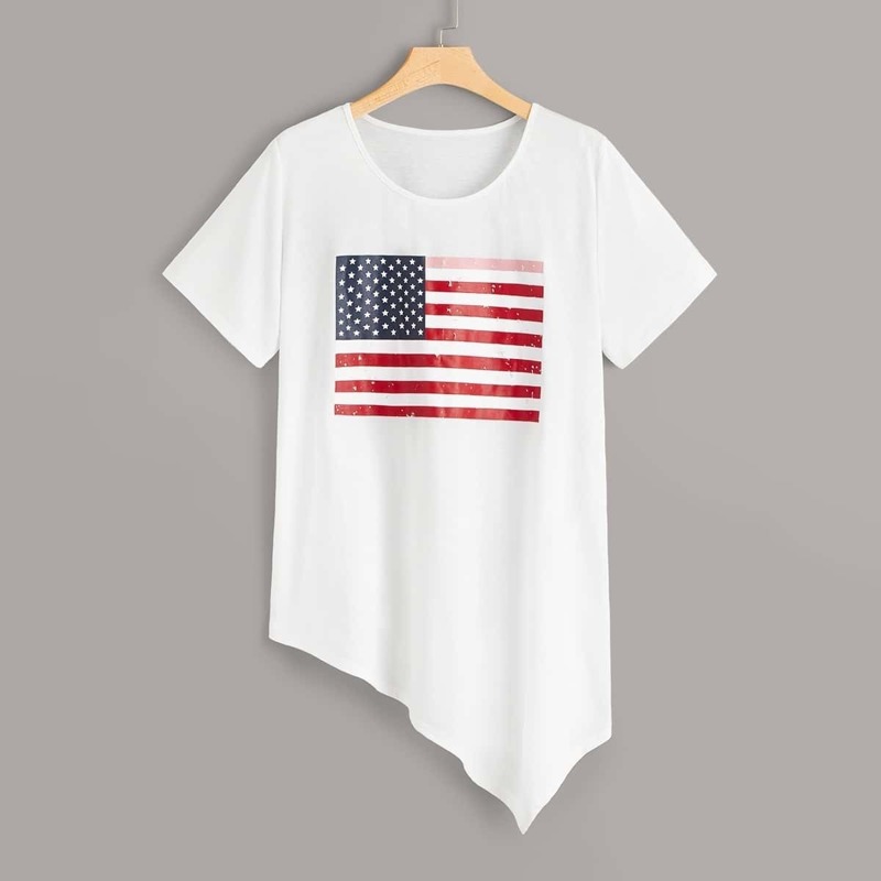 

Plus Asymmetrical Hem American Flag Print Tee, White