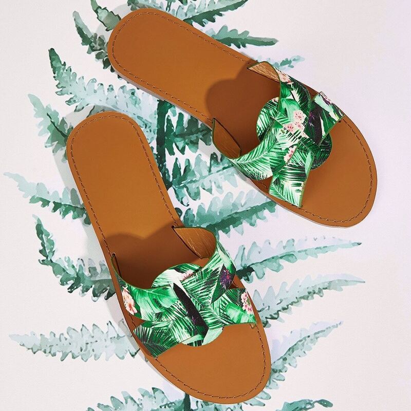 

Tropical Print Open Toe Sliders, Multicolor