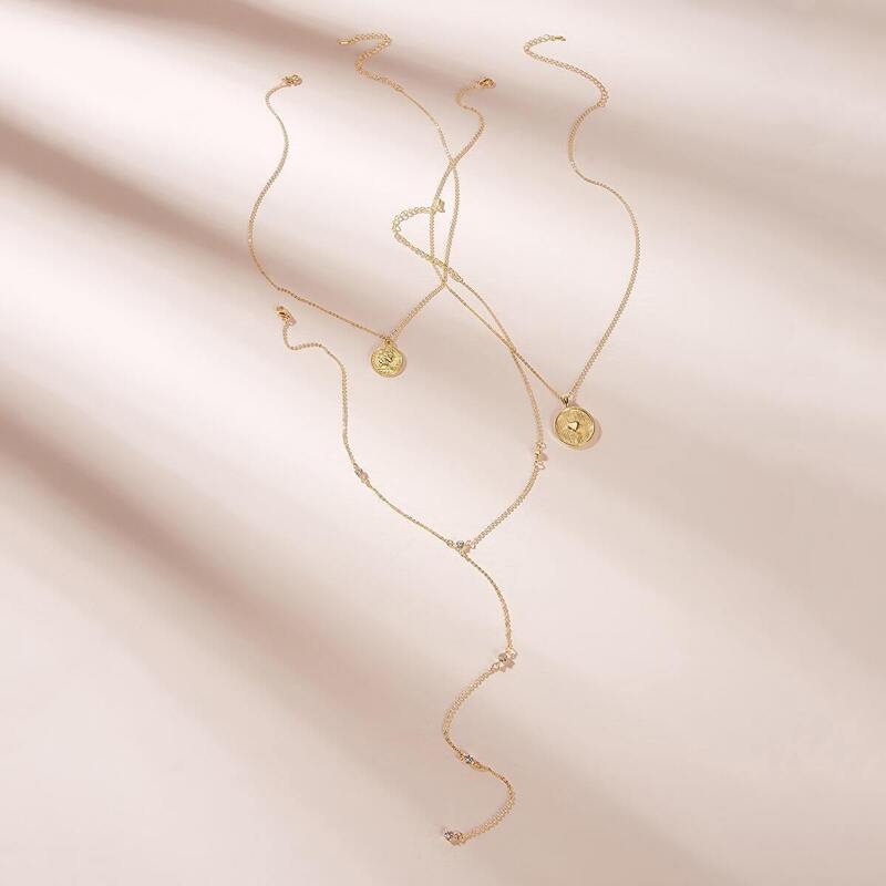 

Engraved Disc Charm Chain Necklace 3pcs, Gold