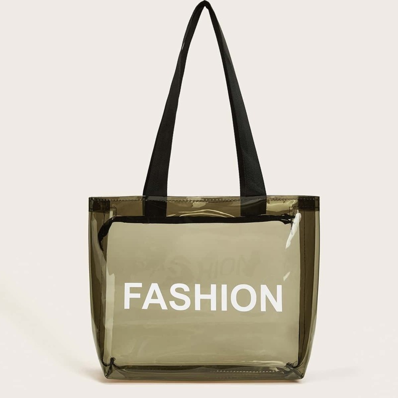 

Letter Print Clear Zipper Tote Bag, Multicolor