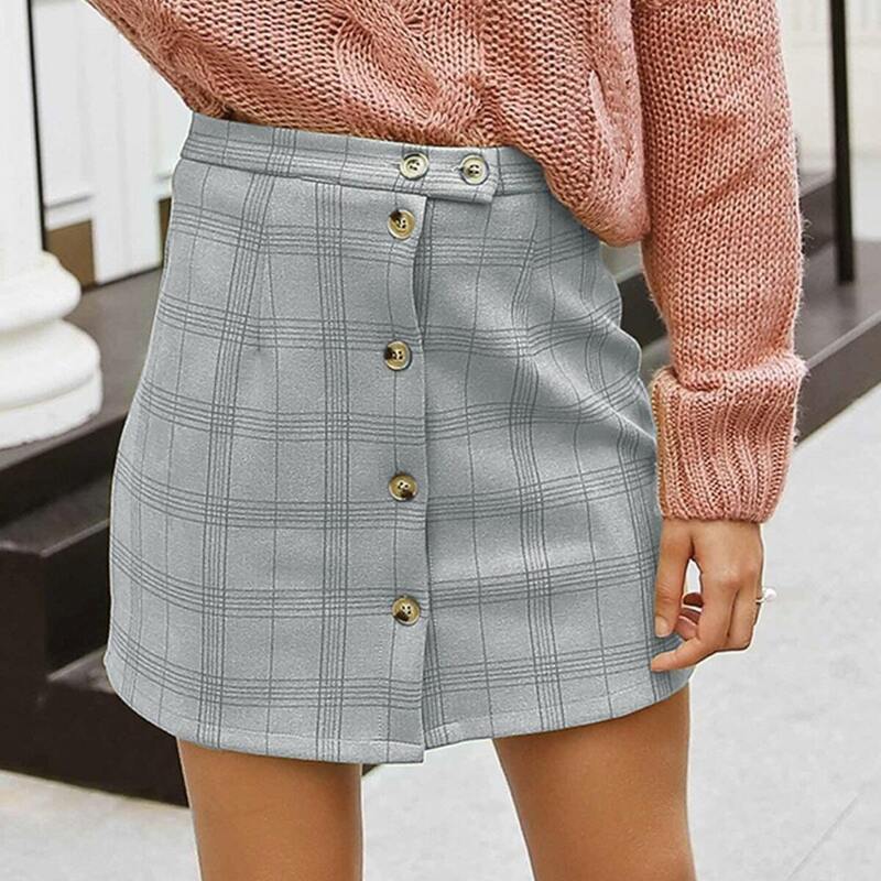 

Simplee Plaid Button Front Suede Skirt, Grey