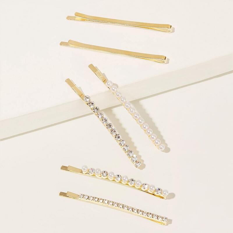 

Faux Pearl & Rhinestone Decor Hair pin 6pcs, Gold