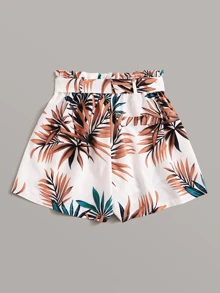 SHEIN VCAY Tropical Leaf Print Paperbag Shorts - Multicolor - View 2