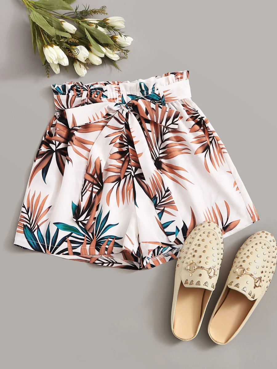 SHEIN VCAY Tropical Leaf Print Paperbag Shorts - Multicolor - View 1