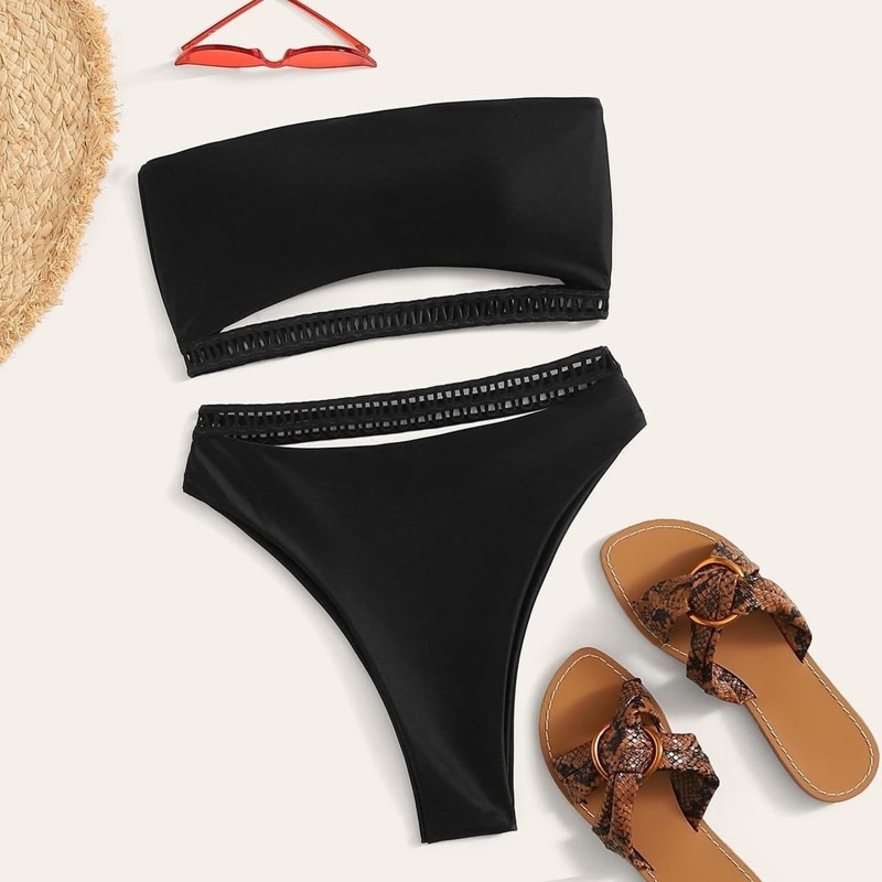 

Hollow Out Bandeau With High Waist Bikini Set, Black