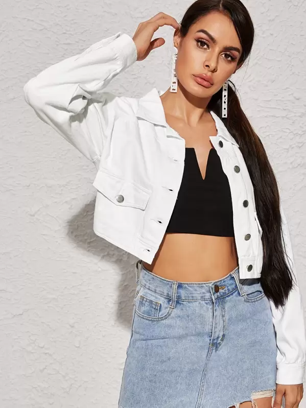 Veste en jean courte avec poches et boutons | Mode en ligne Veste en jean courte avec poches et boutons | ROMWE