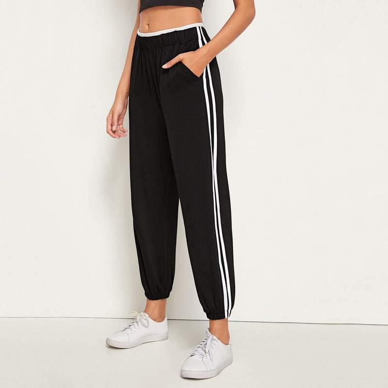 

Side Striped Elastic Waist Sweatpants, Black