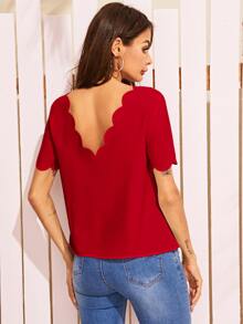 SHEIN Scalloped Mock Button Top - Burgundy - View 2