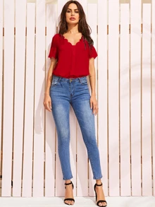 SHEIN Scalloped Mock Button Top - Burgundy - View 3