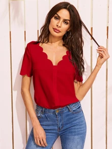 SHEIN Scalloped Mock Button Top - Burgundy - View 1